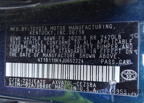 2018 Toyota Camry Se из США, поврежденный, VIN 4T1B11HK4JU652224